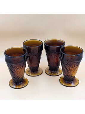 Tiara Sweet Pear Burnt Honey Amber Footed Tumblers Set of 4 Indiana Glass